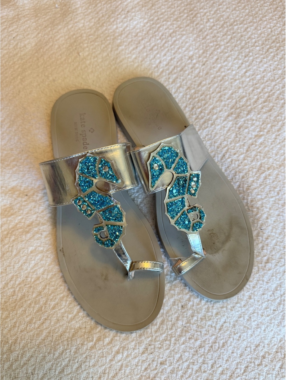 Kate Spade Silver Sandals with Blue Glitter Embellishment Size 8